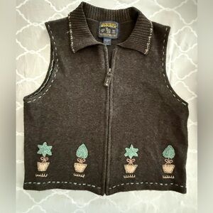 Woolrich vintage Dark Brown/ grey taupe  wool Vest with Embroidery. Size M. Zip
